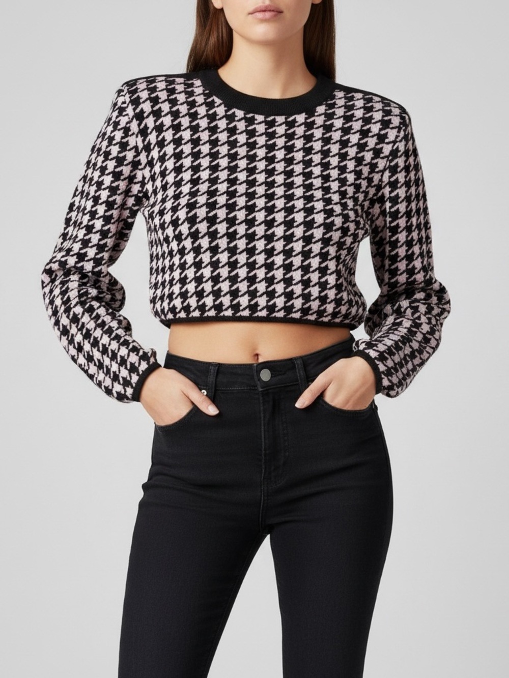 Express | LIKE NEW Houndstooth shoulder pads crew neck cropped sweater medium
